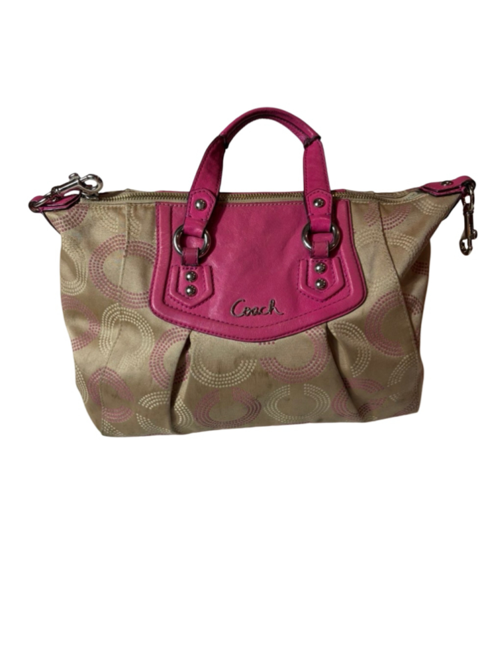 Coach Signature Sateen Satchel Khaki Pink Y2K Convertible Bag As Is